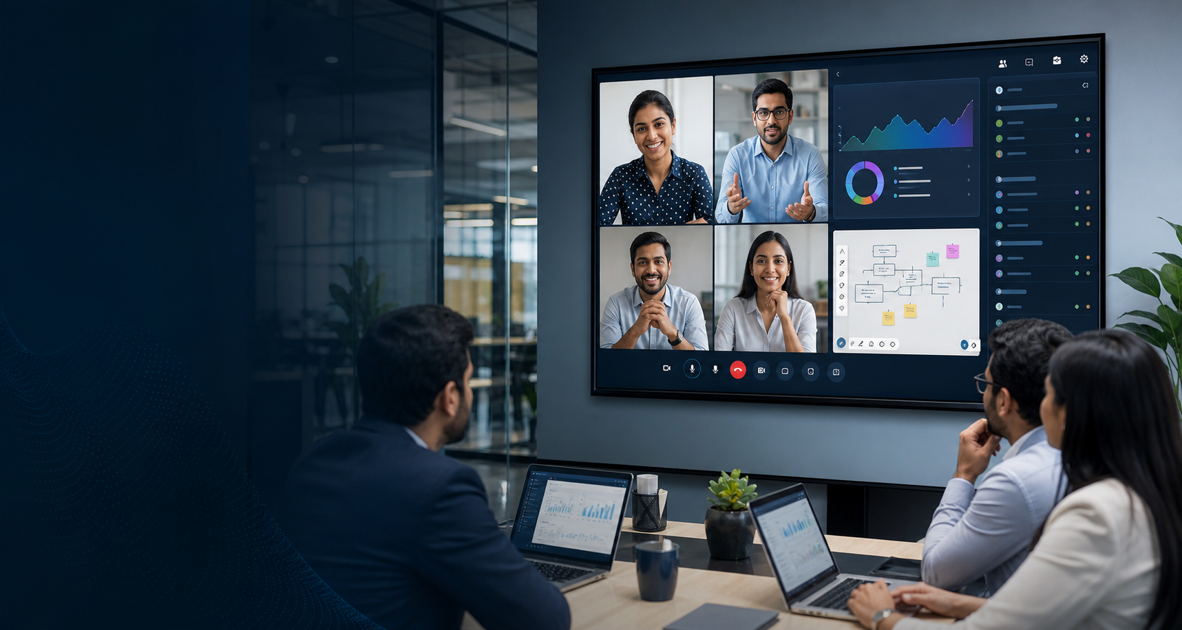 Enterprise video meeting dashboard with participants and collaboration tools